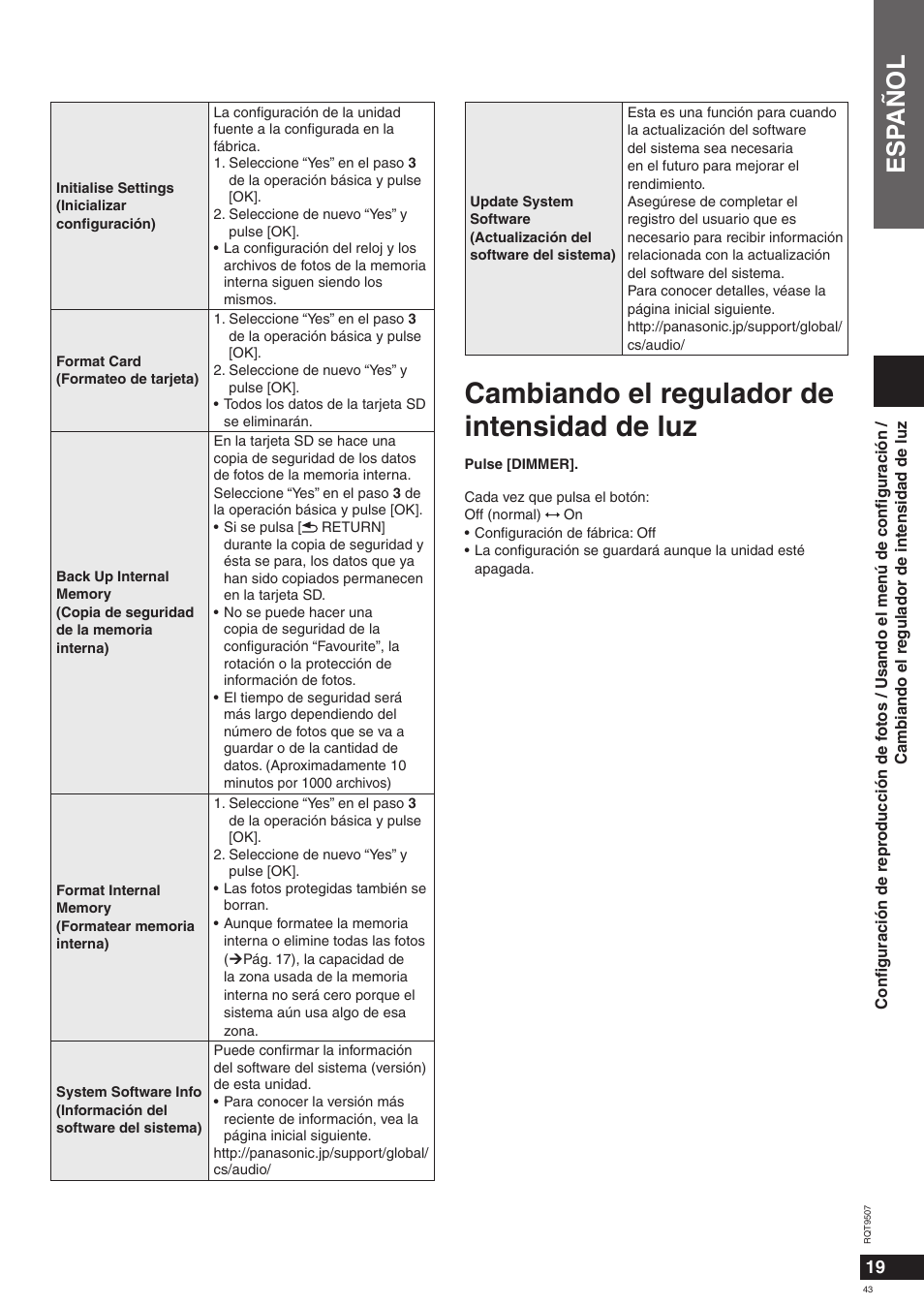 Cambiando el regulador de intensidad de luz, Esp añol | Panasonic MW10 User Manual | Page 43 / 100