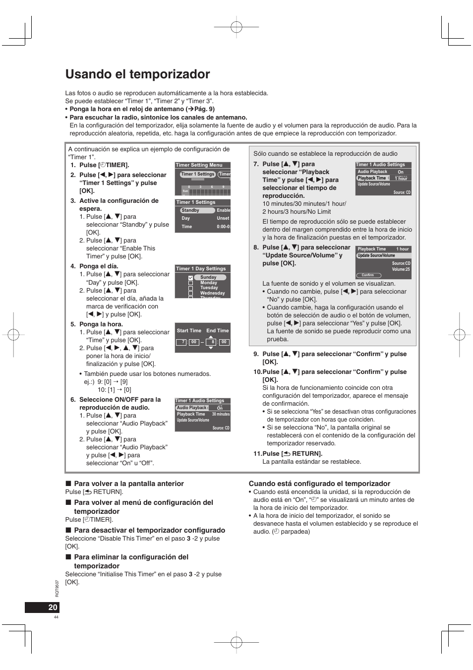 Usando el temporizador, Para volver a la pantalla anterior, Para desactivar el temporizador confi gurado | Para eliminar la confi guración del temporizador, Cuando está confi gurado el temporizador | Panasonic MW10 User Manual | Page 44 / 100