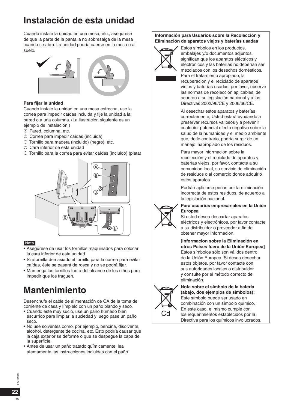 Instalación de esta unidad, Mantenimiento, Ac b e d | Panasonic MW10 User Manual | Page 46 / 100