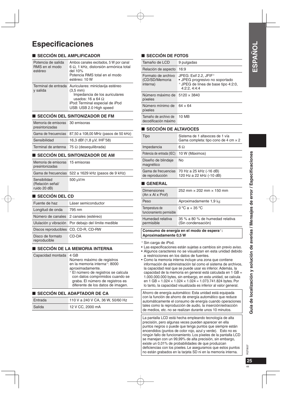 Especifi caciones, Esp añol | Panasonic MW10 User Manual | Page 49 / 100