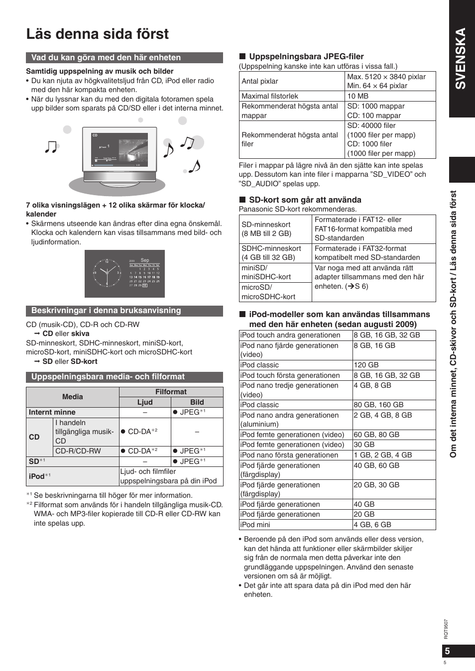Läs denna sida först, Svenska | Panasonic MW10 User Manual | Page 5 / 100