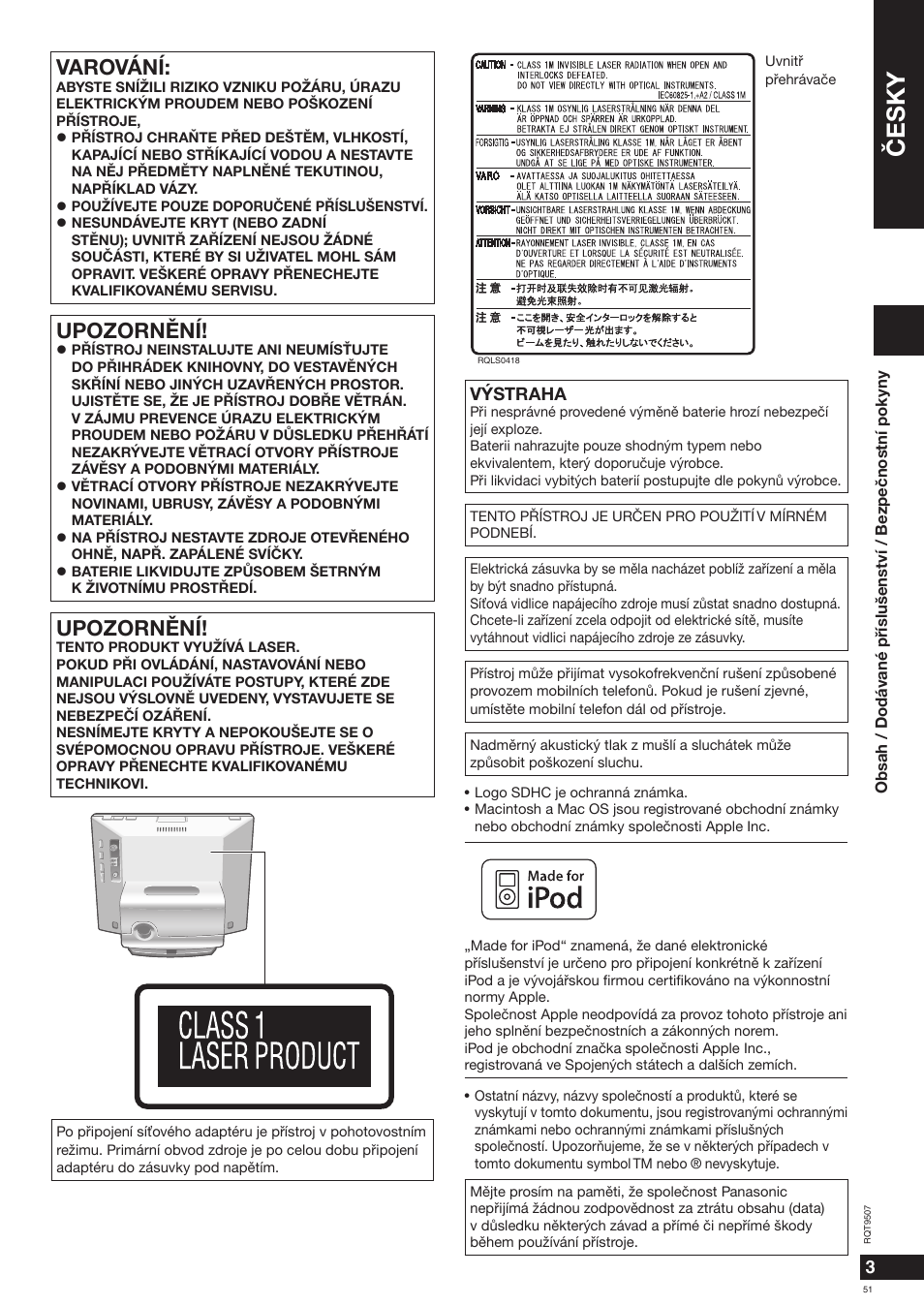 Èesky, Varování, Upozornìní | Panasonic MW10 User Manual | Page 51 / 100