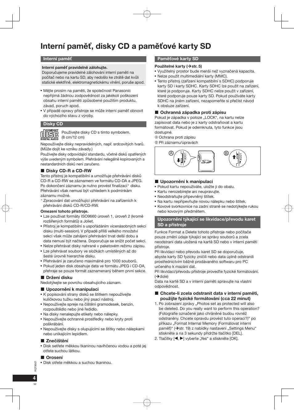 Interní pamìť, disky cd a pamìťové karty sd | Panasonic MW10 User Manual | Page 52 / 100