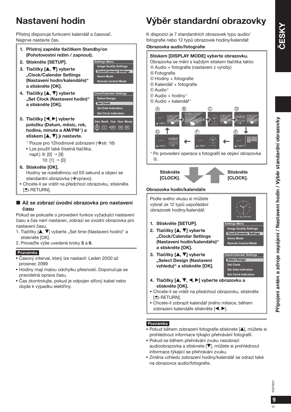 Nastavení hodin, Výbìr standardní obrazovky, Èesky | Až se zobrazí úvodní obrazovka pro nastavení èasu, Cdda, Stisknìte [setup | Panasonic MW10 User Manual | Page 57 / 100