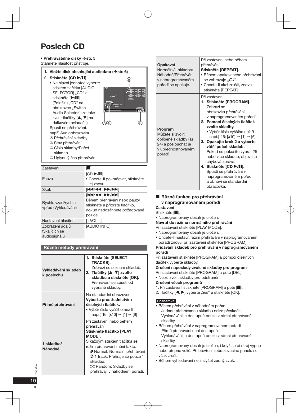 Poslech cd, Abc d, Rùzné metody pøehrávání | Panasonic MW10 User Manual | Page 58 / 100