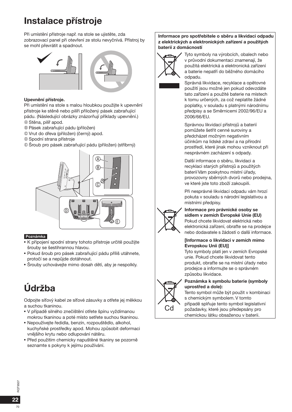 Instalace pøístroje, Údržba, Ac b e d | Panasonic MW10 User Manual | Page 70 / 100