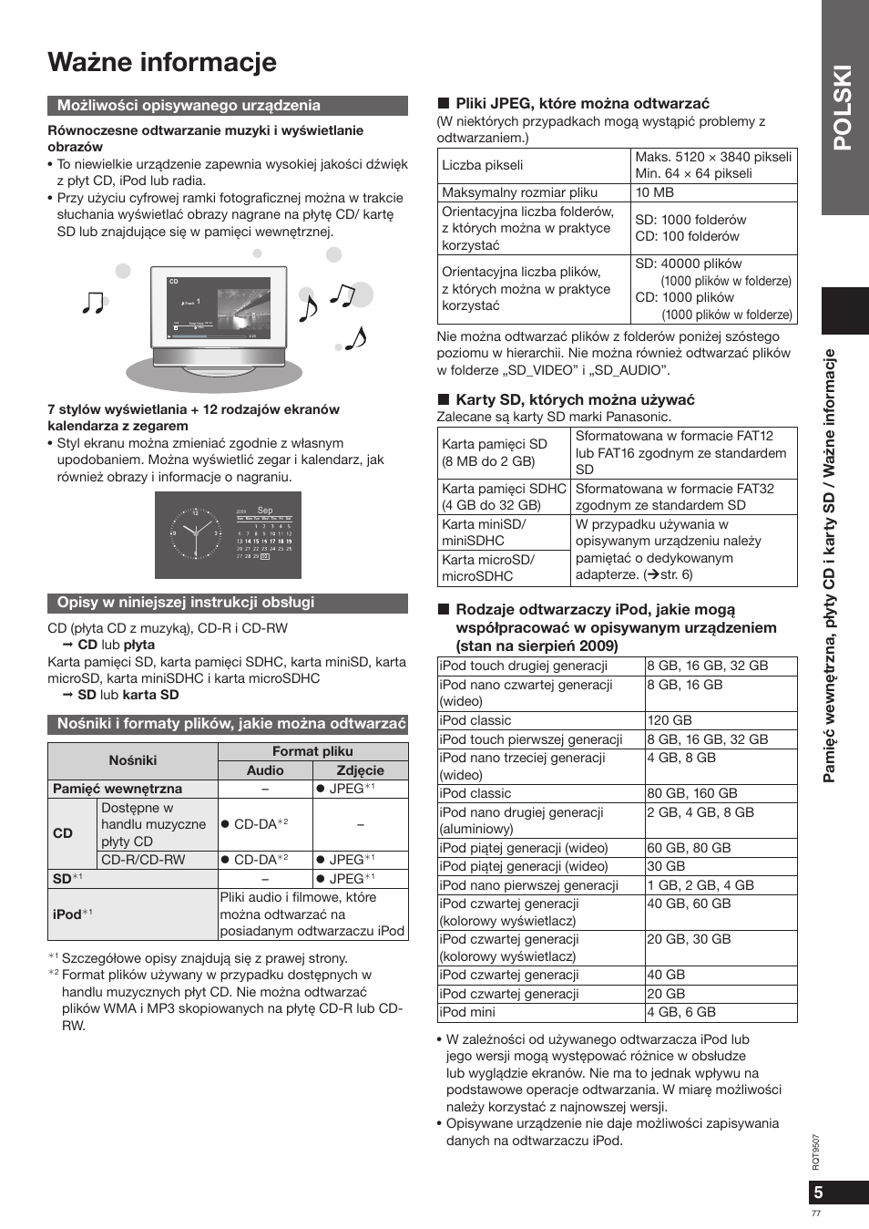 Wa¿ne informacje, Polski | Panasonic MW10 User Manual | Page 77 / 100