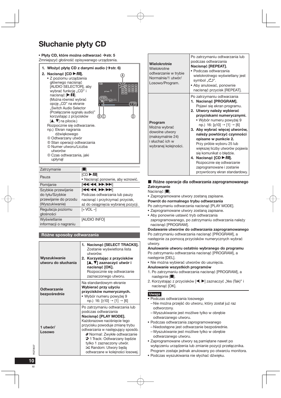 S³uchanie p³yty cd, Abc d, Ró¿ne sposoby odtwarzania | Ró¿ne operacje dla odtwarzania zaprogramowanego | Panasonic MW10 User Manual | Page 82 / 100