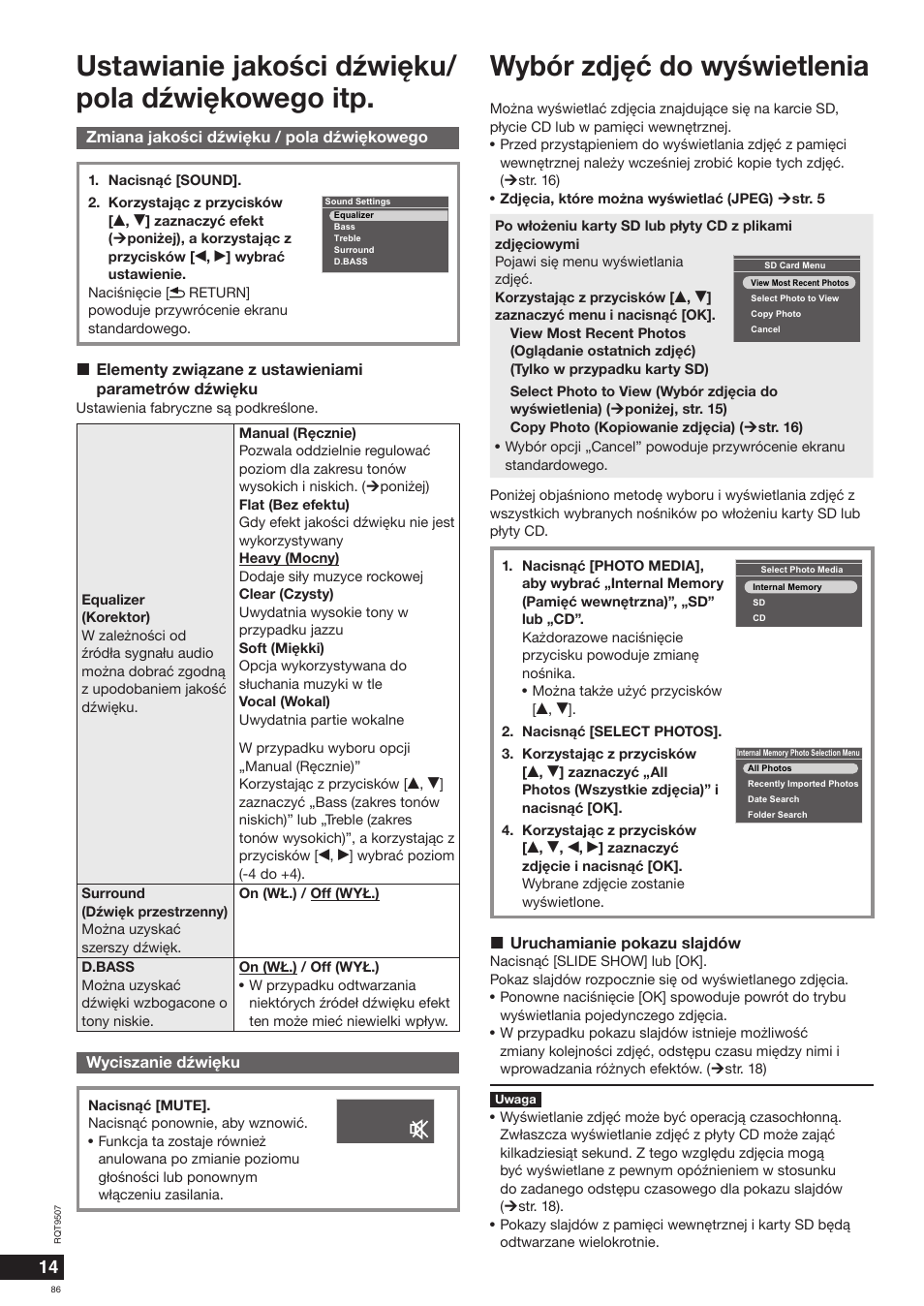 Ustawianie jakości dźwiêku/ pola dźwiêkowego itp, Wybór zdjêæ do wyświetlenia | Panasonic MW10 User Manual | Page 86 / 100