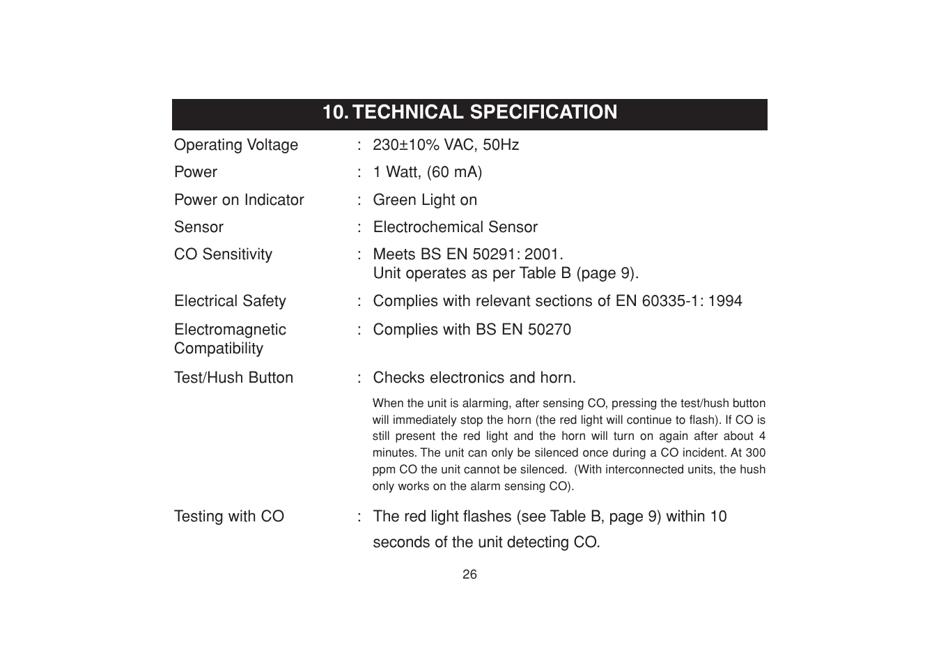 Technical specification | Aico Carbon Monoxide Alarm Ei 225EN User Manual | Page 26 / 32