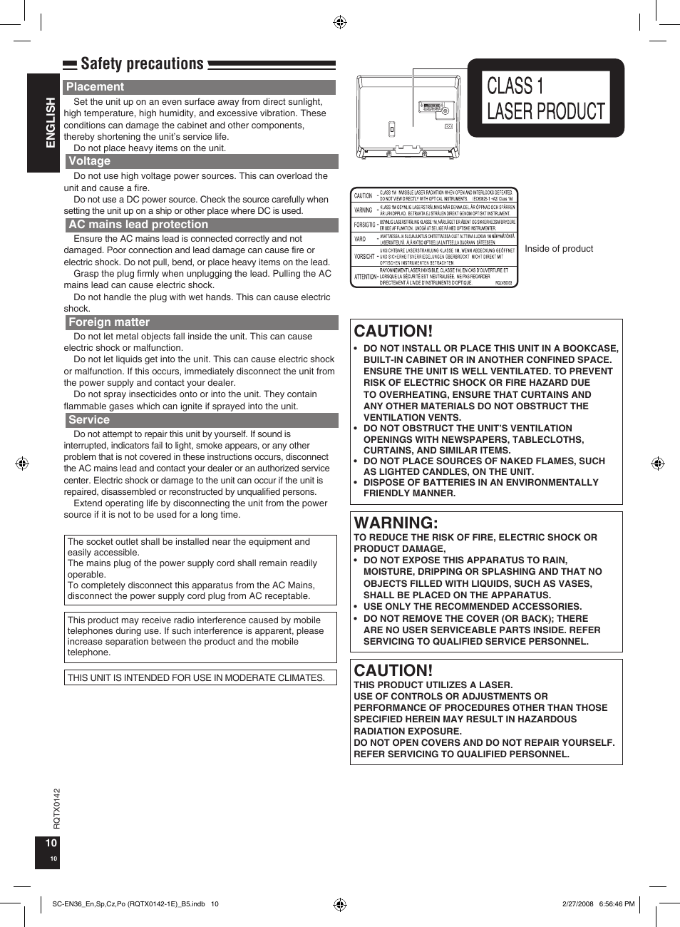 Safety precautions, Caution, Warning | Panasonic SCEN36 User Manual | Page 10 / 40