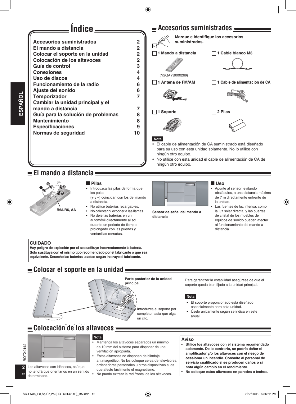 Índice, Guía de control, El mando a distancia | Accesorios suministrados, Colocar el soporte en la unidad, Colocación de los altavoces | Panasonic SCEN36 User Manual | Page 12 / 40