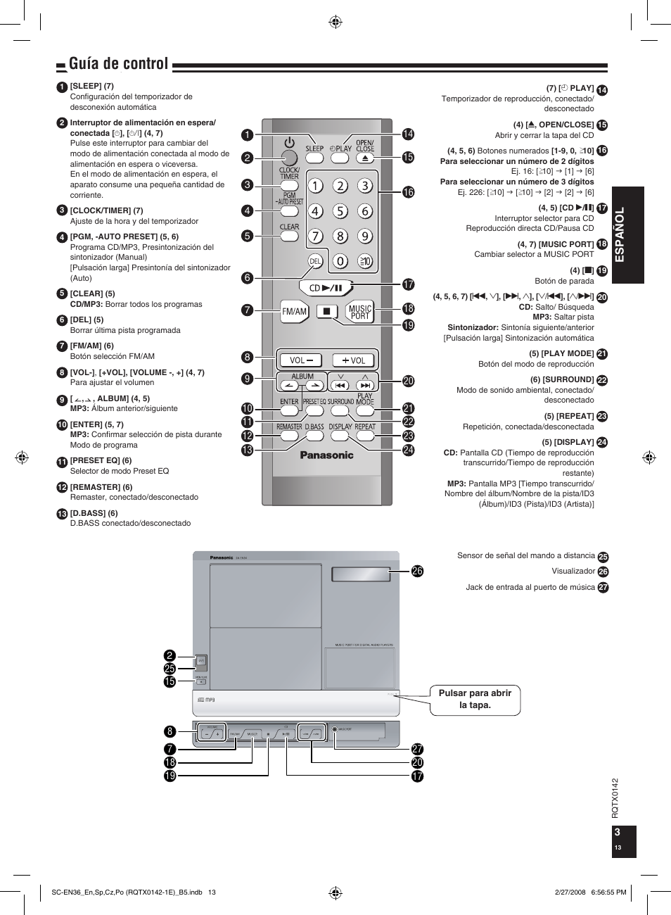 Guía de control, Español | Panasonic SCEN36 User Manual | Page 13 / 40