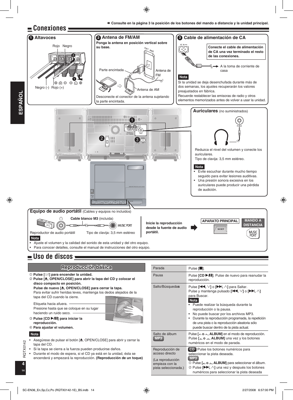 Uso de discos, Conexiones, Español | Reproducción básica | Panasonic SCEN36 User Manual | Page 14 / 40