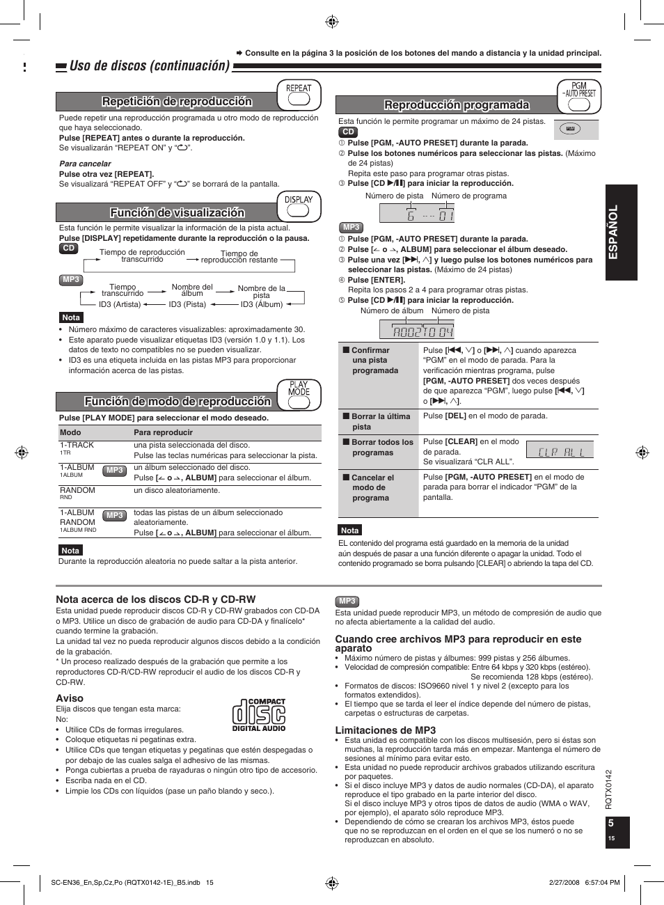 Uso de discos (continuación), Español, Reproducción programada | Panasonic SCEN36 User Manual | Page 15 / 40