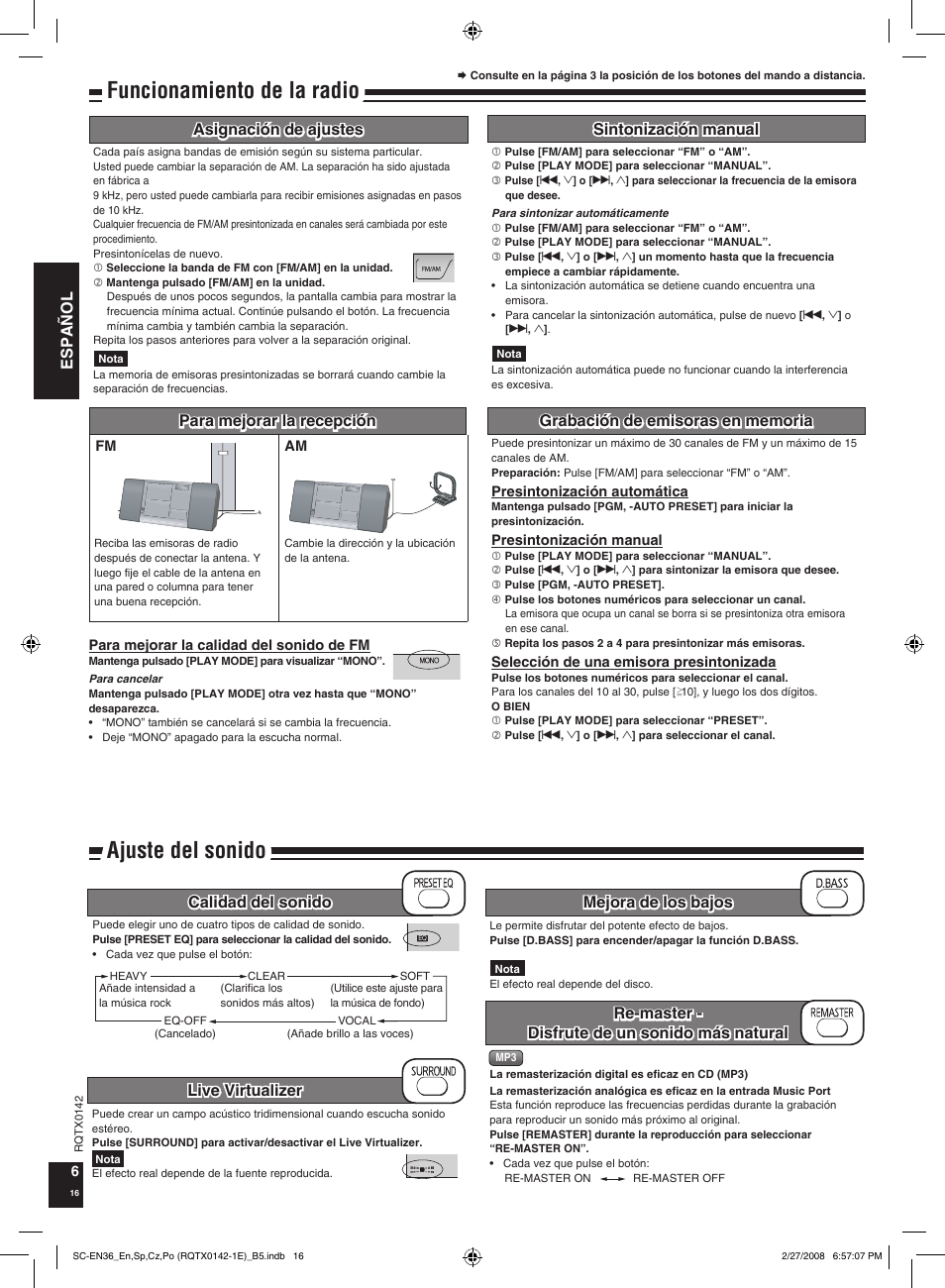 Ajuste del sonido, Funcionamiento de la radio, Español | Panasonic SCEN36 User Manual | Page 16 / 40