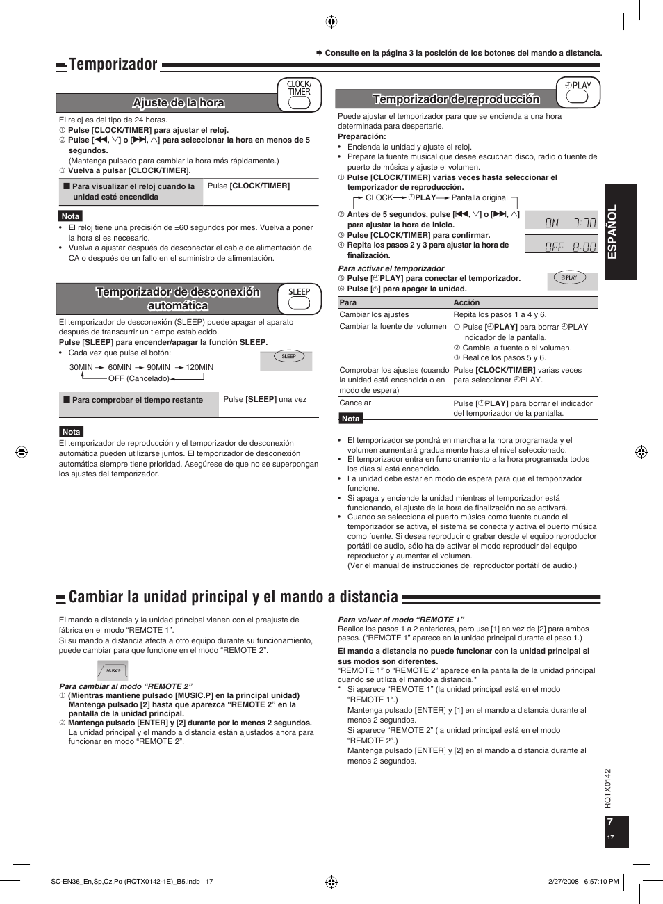 Temporizador, Cambiar la unidad principal y el mando a distancia, Español | Panasonic SCEN36 User Manual | Page 17 / 40