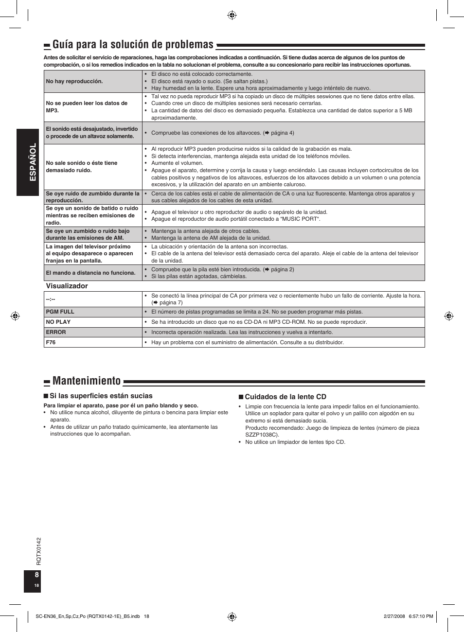 Guía para la solución de problemas, Mantenimiento, Español | Panasonic SCEN36 User Manual | Page 18 / 40