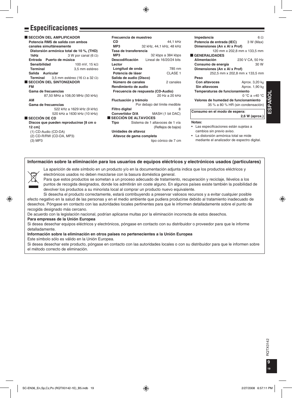 Especificaciones, Español | Panasonic SCEN36 User Manual | Page 19 / 40