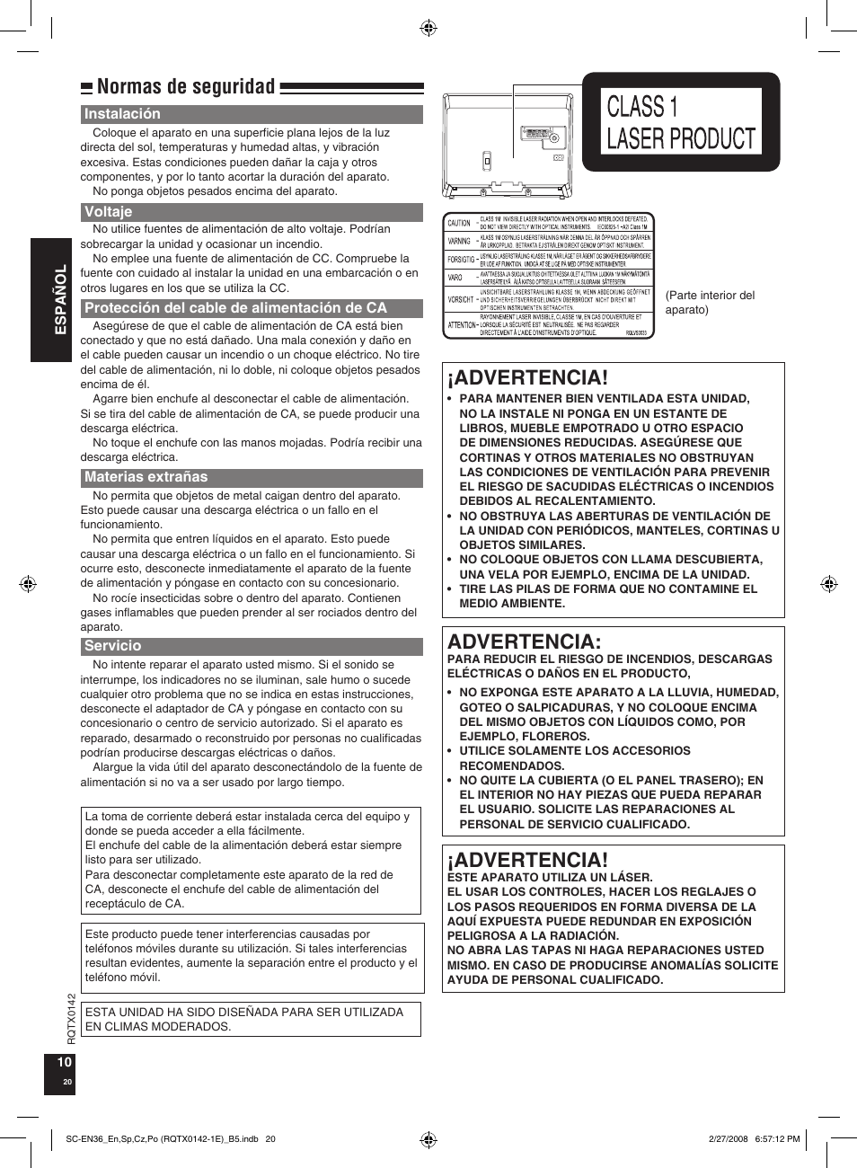 Advertencia, Normas de seguridad | Panasonic SCEN36 User Manual | Page 20 / 40