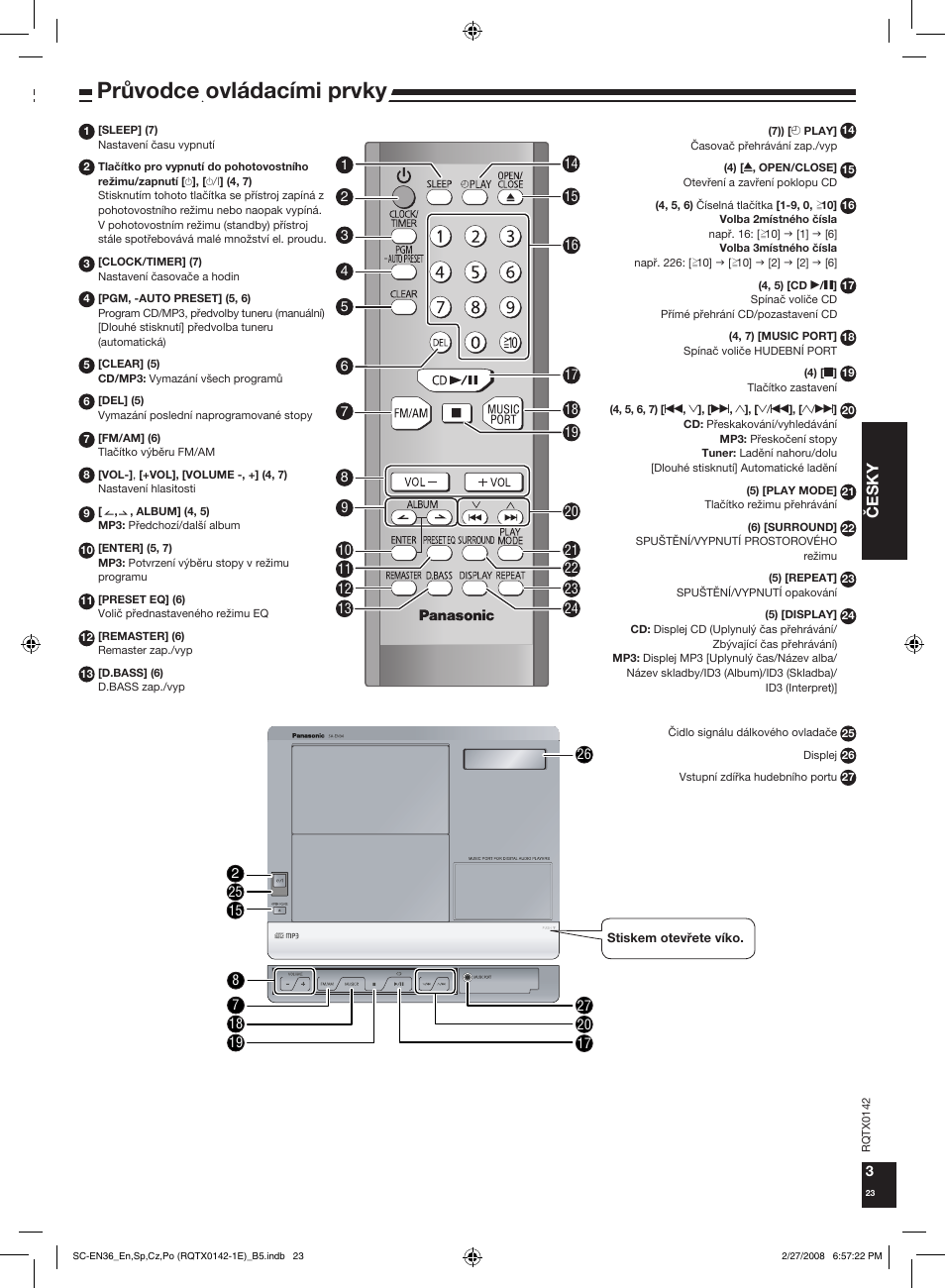 Prùvodce ovládacími prvky, Dodávané pøíslušenství, Èesky | Panasonic SCEN36 User Manual | Page 23 / 40
