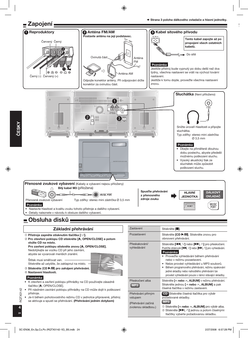 Obsluha diskù, Zapojení, Obsluha diskù (pokraèování) | Èesky, Základní pøehrávání | Panasonic SCEN36 User Manual | Page 24 / 40