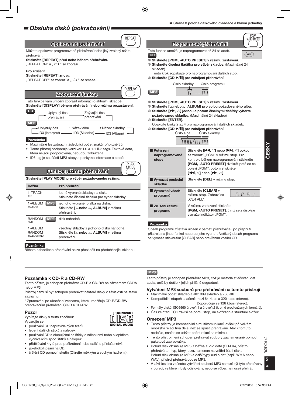 Obsluha diskù (pokraèování), Èesky, Programové pøehrávání | Panasonic SCEN36 User Manual | Page 25 / 40