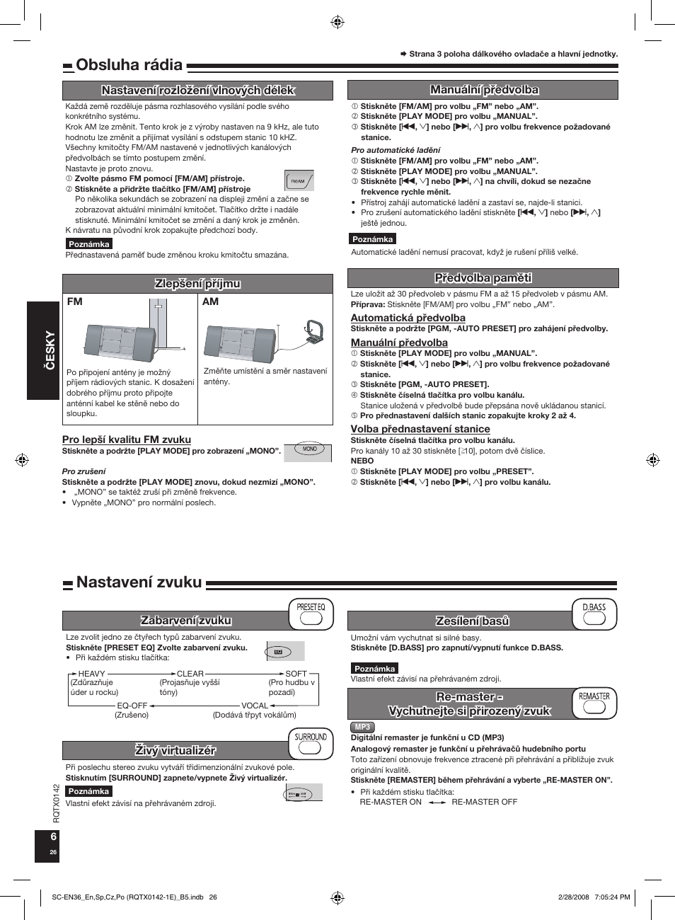 Nastavení zvuku, Obsluha rádia, Èesky | Panasonic SCEN36 User Manual | Page 26 / 40