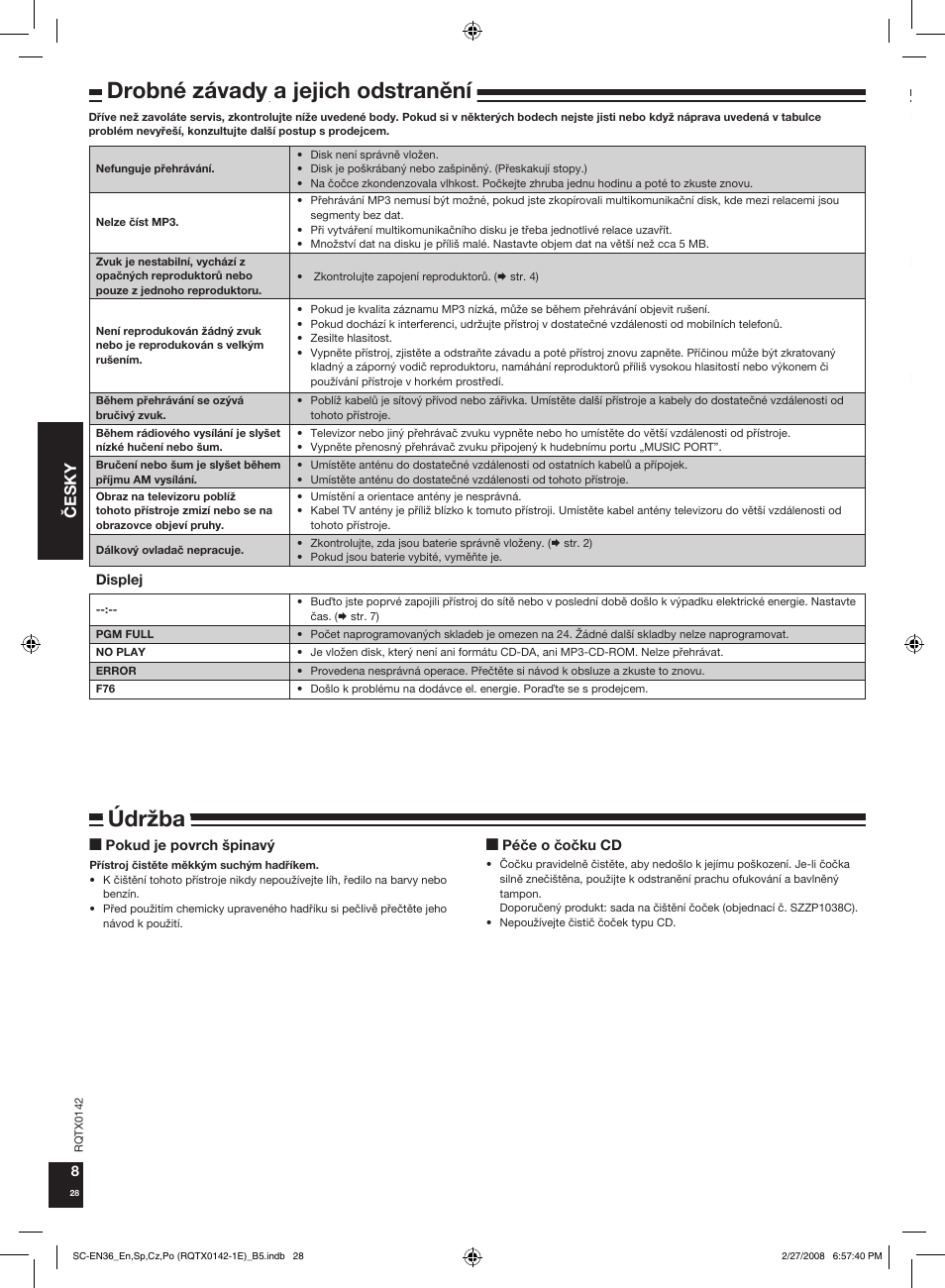 Technické údaje drobné závady a jejich odstranìní, Údržba, Èesky | Panasonic SCEN36 User Manual | Page 28 / 40