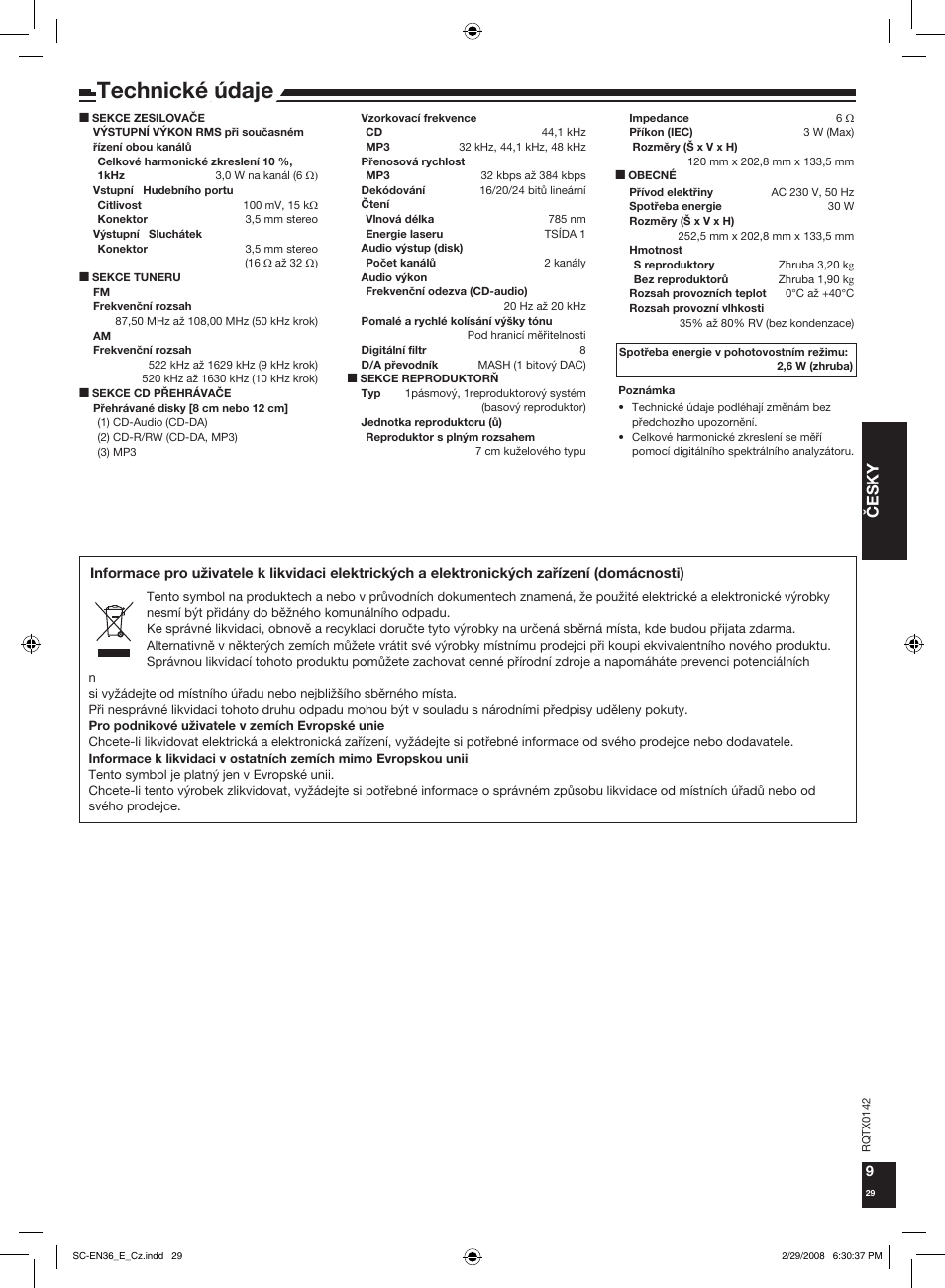 Technické údaje, Èesky | Panasonic SCEN36 User Manual | Page 29 / 40