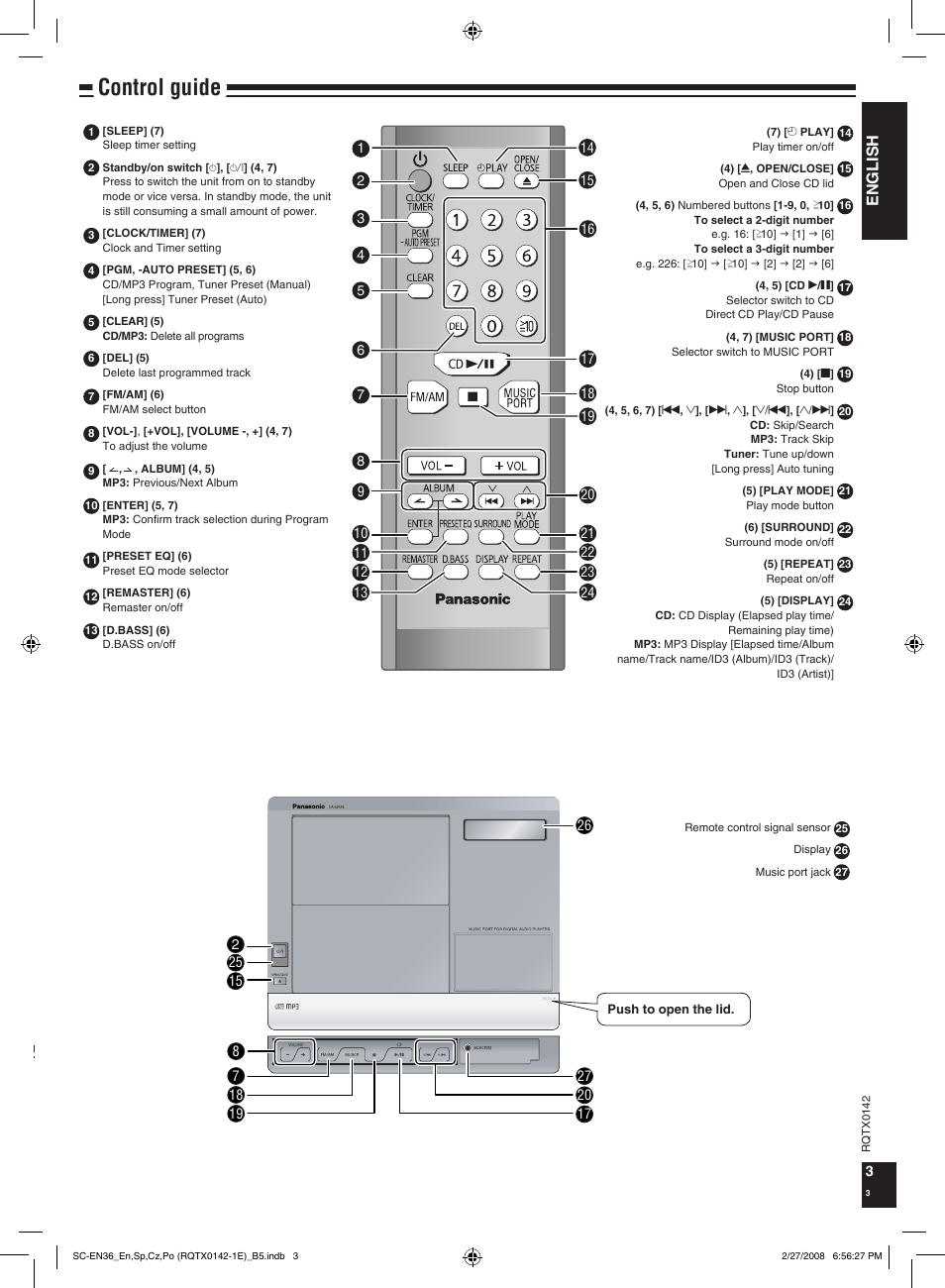 Control guide, English | Panasonic SCEN36 User Manual | Page 3 / 40