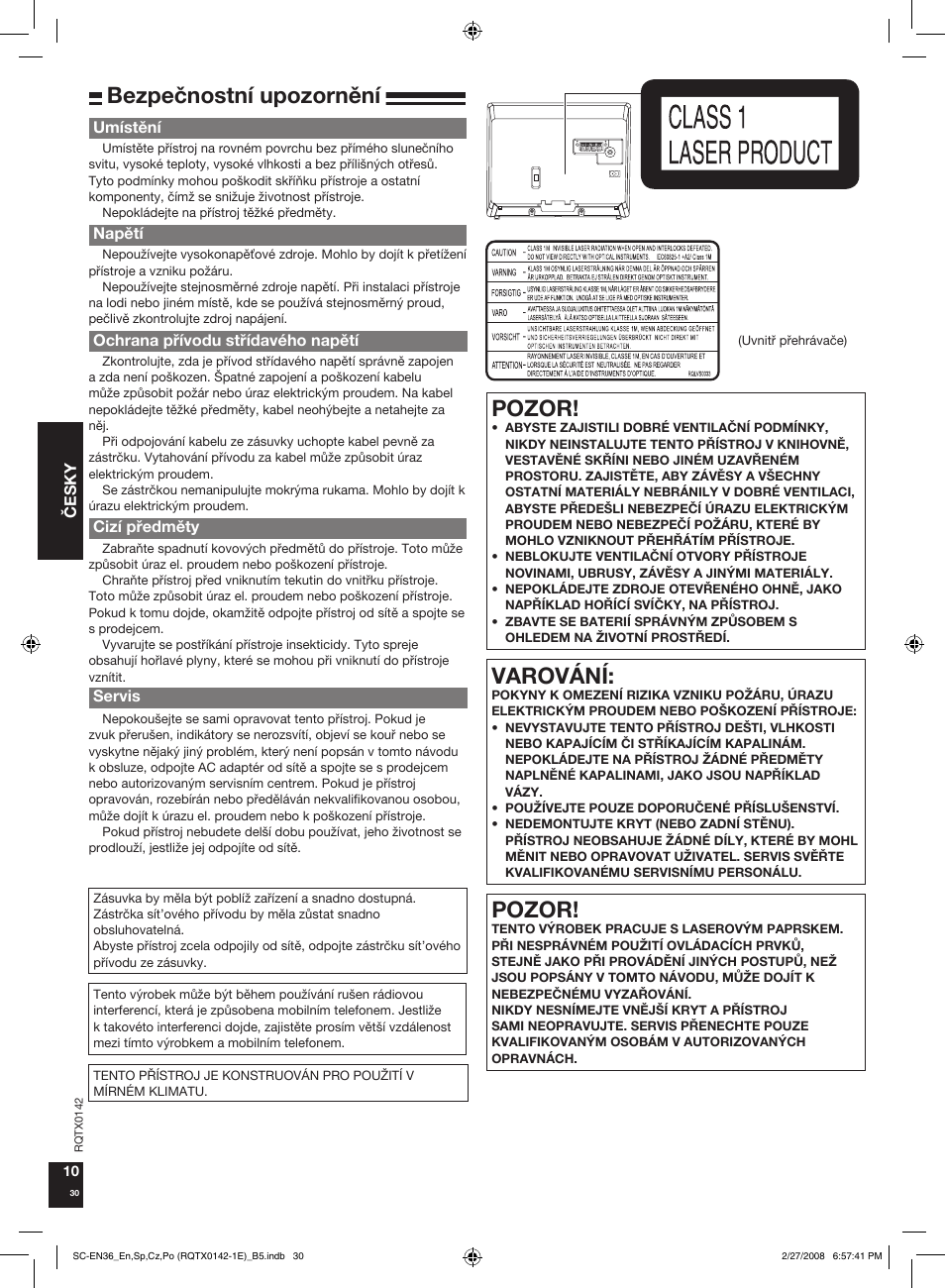 Pozor, Varování, Bezpeènostní upozornìní | Panasonic SCEN36 User Manual | Page 30 / 40