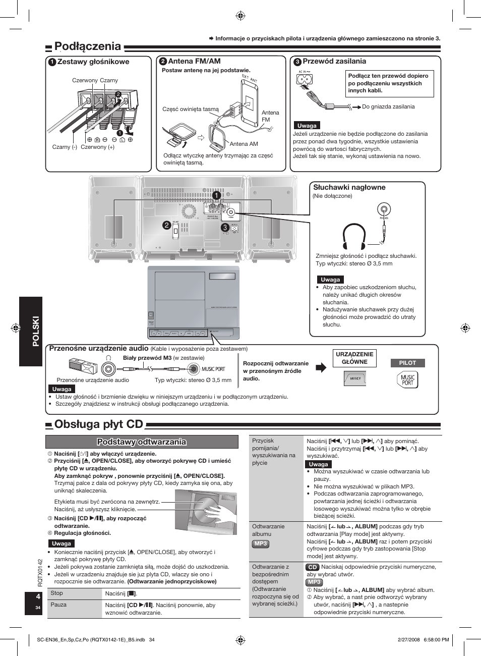 Obs³uga p³yt cd, Pod³¹czenia, Polski | Podstawy odtwarzania | Panasonic SCEN36 User Manual | Page 34 / 40