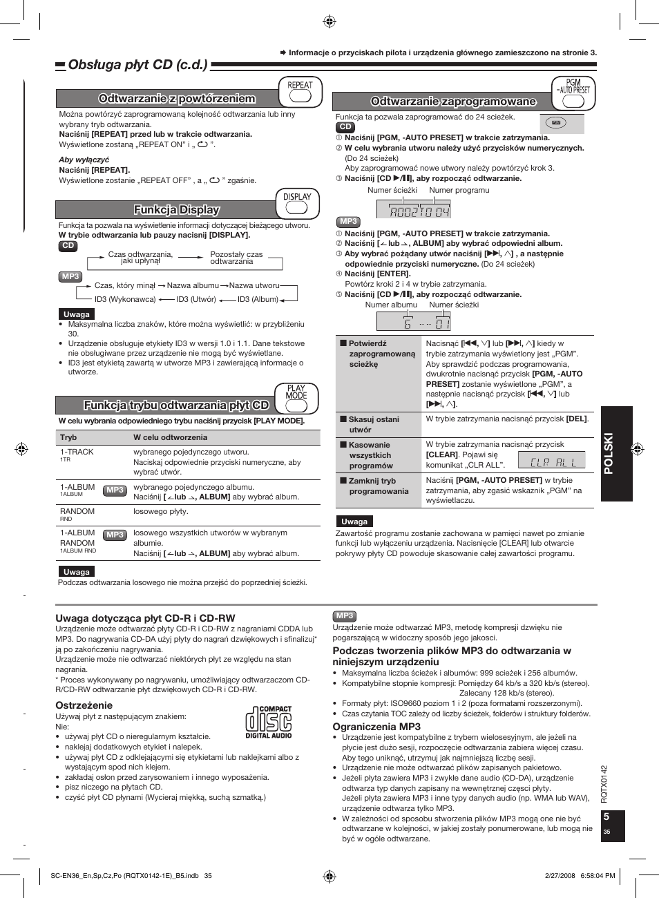 Obs³uga p³yt cd (c.d.), Polski, Odtwarzanie zaprogramowane | Panasonic SCEN36 User Manual | Page 35 / 40