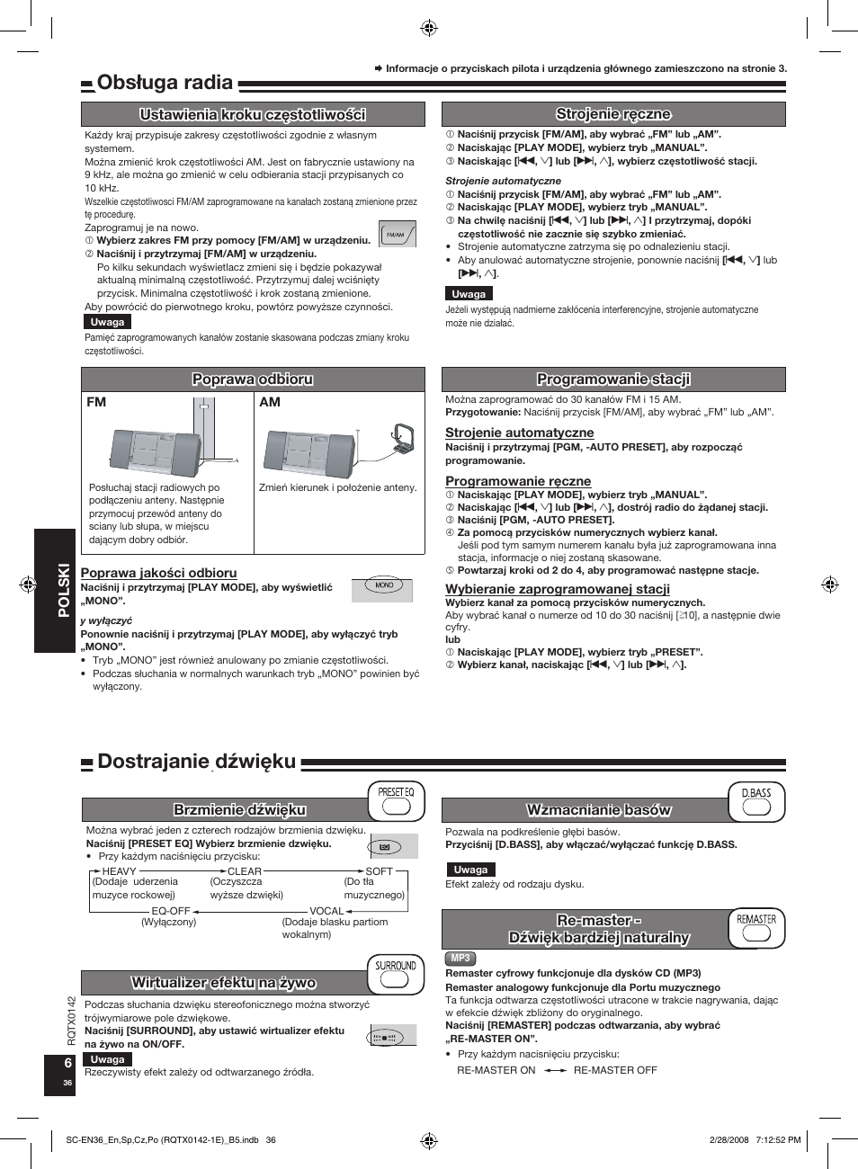 Dostrajanie dźwiêku, Obs³uga radia, Polski | Panasonic SCEN36 User Manual | Page 36 / 40