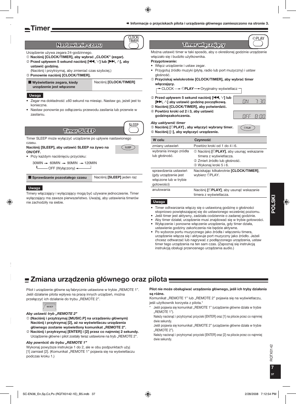 Timer, Zmiana urz¹dzenia g³ównego oraz pilota, Polski | Nastawianie czasu timer sleep timer w³¹czaj¹cy, Strojenie rêczne | Panasonic SCEN36 User Manual | Page 37 / 40