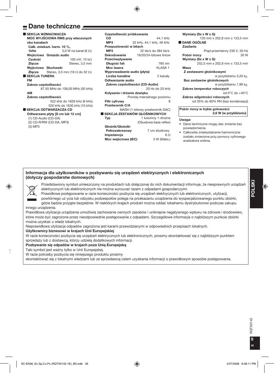 Dane techniczne, Polski | Panasonic SCEN36 User Manual | Page 39 / 40