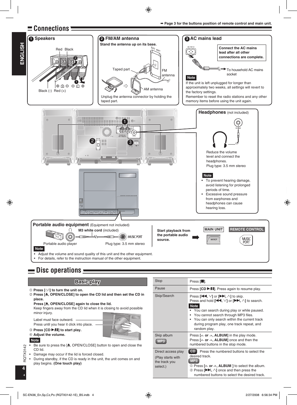 Connections, Disc operations, English | Basic play | Panasonic SCEN36 User Manual | Page 4 / 40