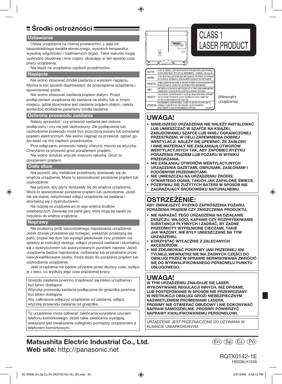 Uwaga, Ostrze¯enie, Środki ostro¿ności | Panasonic SCEN36 User Manual | Page 40 / 40
