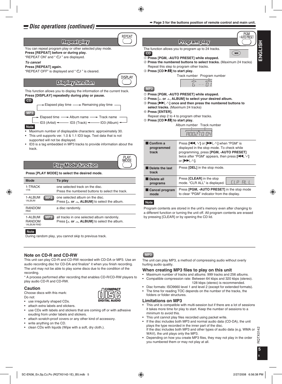 Disc operations (continued), English, Program play | Repeat play, Play mode function display function | Panasonic SCEN36 User Manual | Page 5 / 40