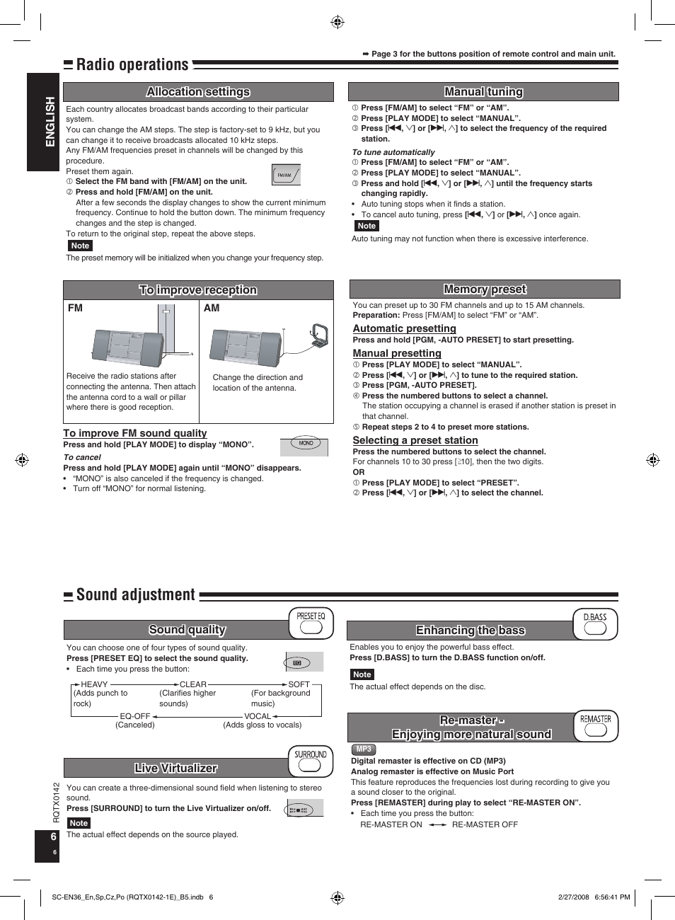 Radio operations, Sound adjustment, English | Live virtualizer | Panasonic SCEN36 User Manual | Page 6 / 40