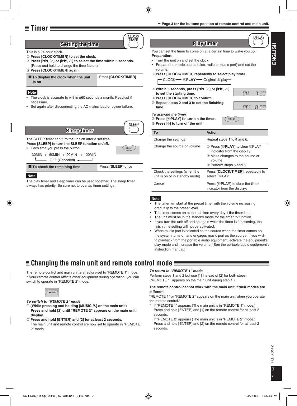 Changing the main unit and remote control mode, Timer, English | Sleep timer play timer, Setting the time | Panasonic SCEN36 User Manual | Page 7 / 40