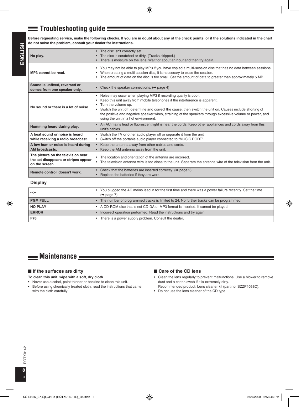 Troubleshooting guide maintenance, English | Panasonic SCEN36 User Manual | Page 8 / 40