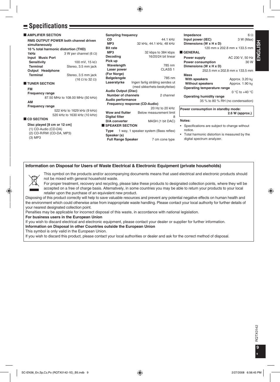 Specifications, English | Panasonic SCEN36 User Manual | Page 9 / 40