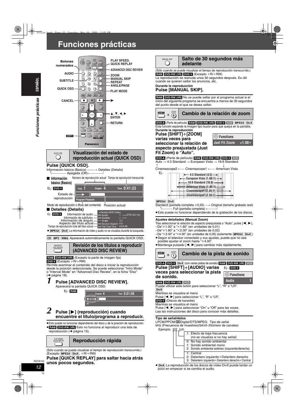 Funciones prácticas, Pulse [quick osd, Pulse [advanced disc review | Pulse [manual skip, Func io nes pr áct icas, Información básica (basics), Detalles (details) | Panasonic SCHT335 User Manual | Page 12 / 92