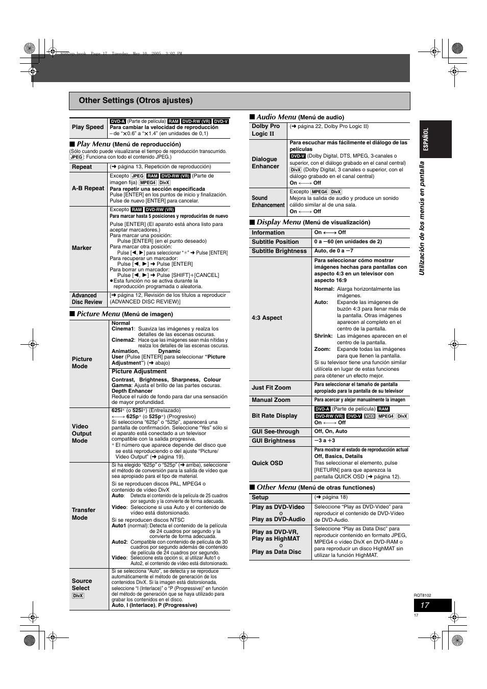 Other settings (otros ajustes), Play menu, Picture menu | Audio menu, Display menu, Other menu | Panasonic SCHT335 User Manual | Page 17 / 92