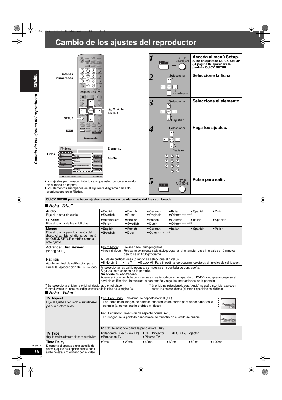 Cambio de los ajustes del reproductor, Ficha “disc, Ficha “video | Acceda al menú setup, Seleccione la ficha, Seleccione el elemento, Haga los ajustes, Pulse para salir | Panasonic SCHT335 User Manual | Page 18 / 92