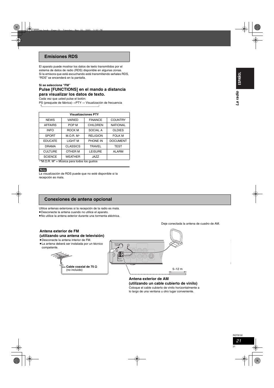Emisiones rds, Conexiones de antena opcional, La ra dio | Panasonic SCHT335 User Manual | Page 21 / 92