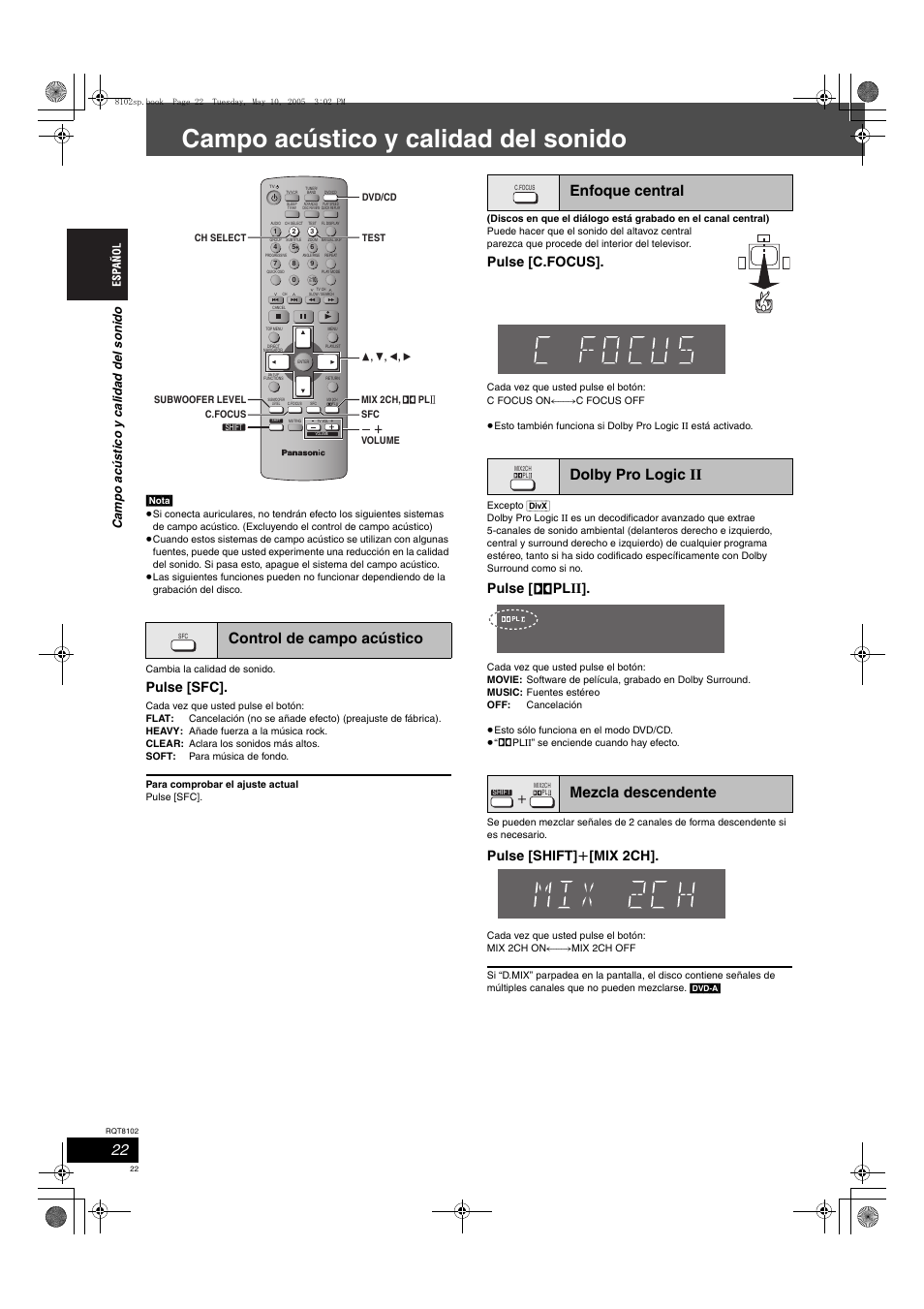 Campo acústico y calidad del sonido, Control de campo acústico, Pulse [sfc | Pulse [c.focus, Pulse [ î plii, Pulse [shift] i [mix 2ch | Panasonic SCHT335 User Manual | Page 22 / 92