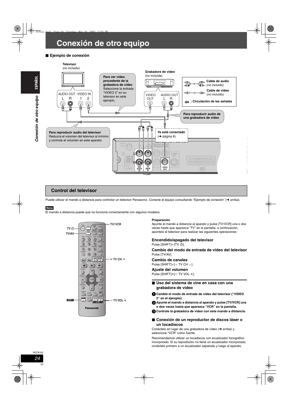 Conexión de otro equipo, Control del televisor, Cone x ión d e otr o equ ip o | Ejemplo de conexión, Encendido/apagado del televisor, Cambio del modo de entrada de vídeo del televisor, Cambio de canales, Ajuste del volumen | Panasonic SCHT335 User Manual | Page 24 / 92